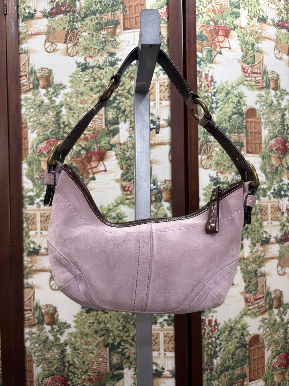Vintage Y2K Coach Lavender Suede Mini Soho Hobo Shoulder Bag with brown leather - Picture 2 of 8